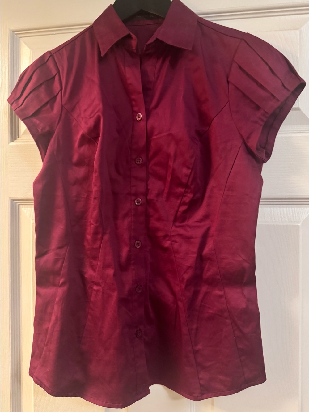 The Limited Burgundy Satin Cap-Sleeve Button-Down Shirt